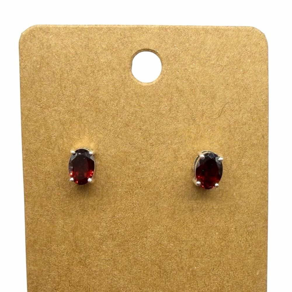 Garnet Stud Earrings Solid 925 Sterling Silver Faceted Oval Stone